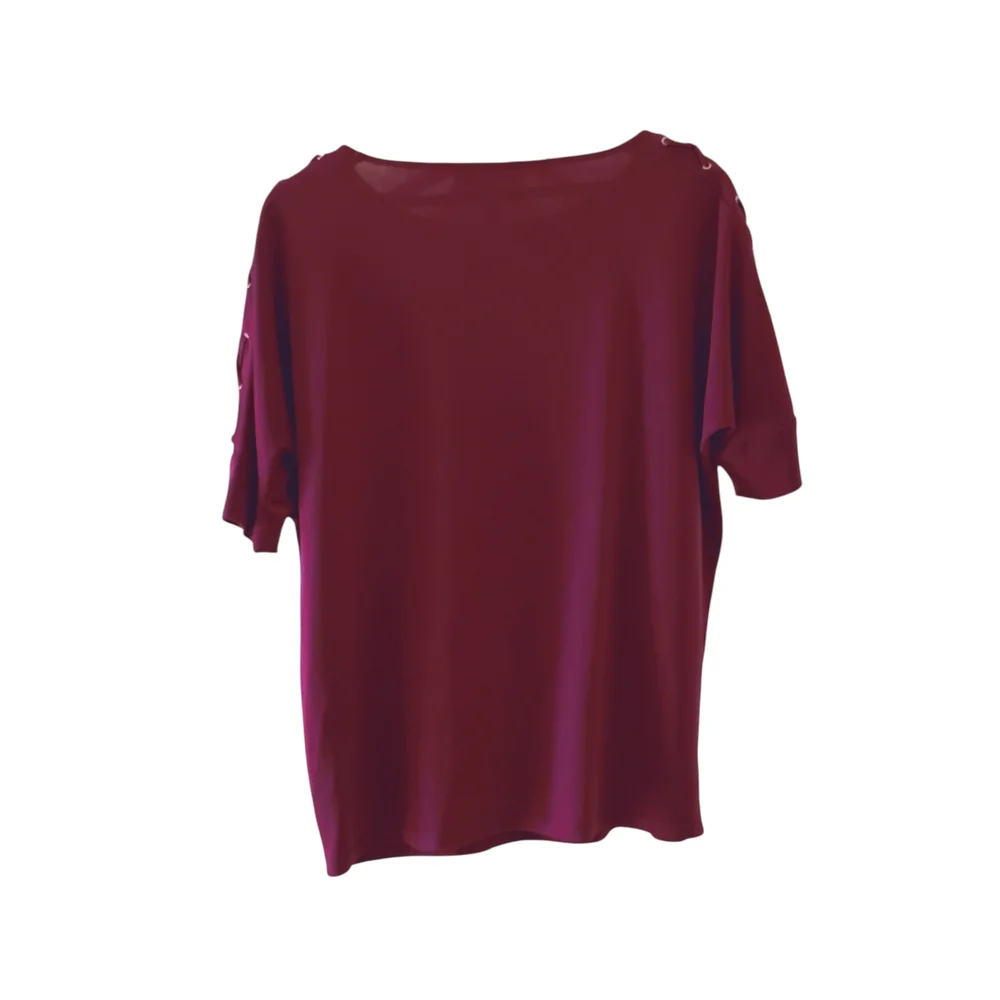 Michael Kors Burgundy Red Grommet Shoulder Short Sleeve Blouse Top L
